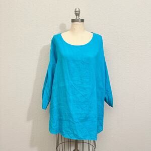MATCH POINT Tunic Top Turquoise Linen Pullover LS Peasant Lagenlook